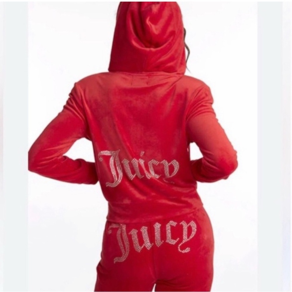Juicy Couture Red Rhinestone Logo Velour Hoodie & Pants Set
